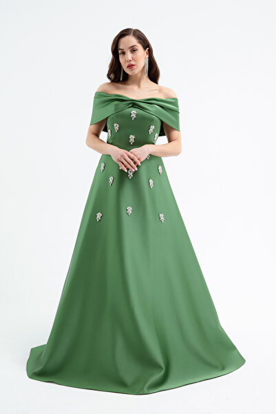 Lafaba Women's Khaki Strapless Stone Long Satin Evening Dress