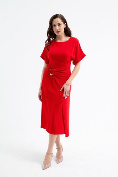 Lafaba Women's Red Crew Neck Midi Dress with Accessory Detail