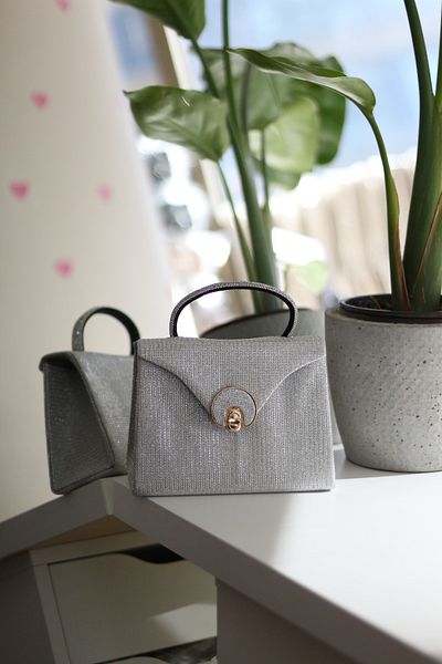 Moom Bag Geantă de mână pentru rochie de seară, argintiu, argintiu, oval, cu accesorii aurii