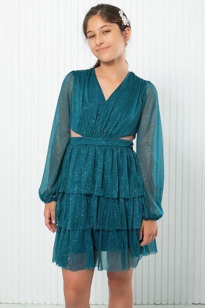 SUBU TASARIM Petrol Color Children's Evening Dress - Ruffle and Glitter Tulle, MDV308