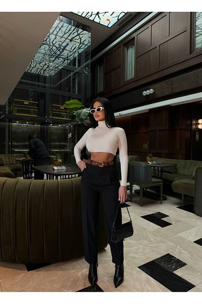 owwon Women's Black High Waist Pleated Premium Pants with Belt