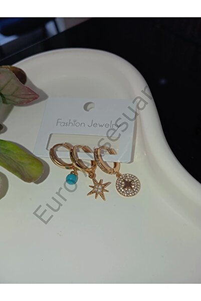 EUROAKSESUAR Gold Blue Bead Detailed Vip Triple Earring Set