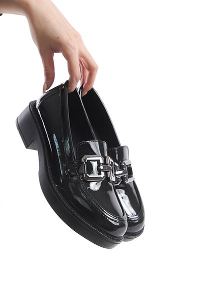 MORIA SHOES Bianca Black Patent Leather Gold Buckle Women's Loafer Shoes