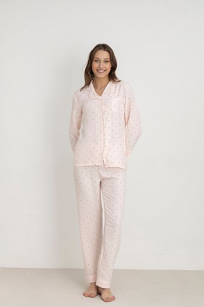 NAP Women's Button-Down Pajamas Set – Aerobin Fabric, Ecru Bow Tie, Light Pink Polka Dot, Light Green