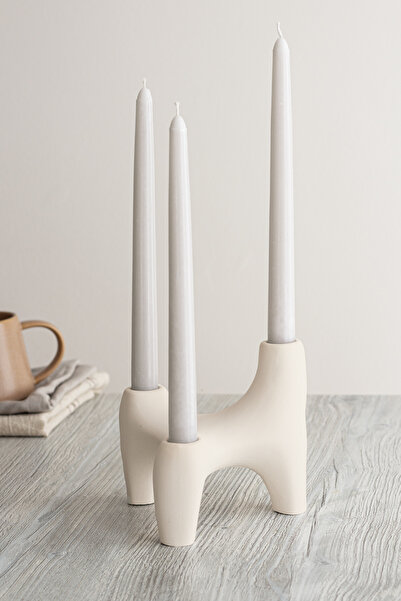 SANAT SEPET İŞLERİ Bej İskandinav Tarzı 3 Ayaklı Beton Şamdan - 3'lü Şamdan M...