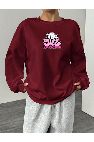 RPT MODA Oversized Casual Cut the Girl Print Detail Cycling Collar Basic Sweatshirt Top
