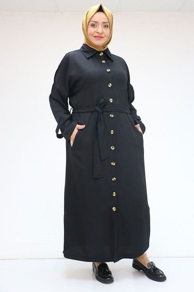Eslina 43091 Large Size Buttoned Tie Melange Linen Trench Coat - Black