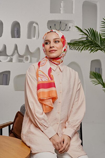 AFVENTE Κόκκινο μαλακό βαμβακερό σάλι - Μοτίβο φύλλων