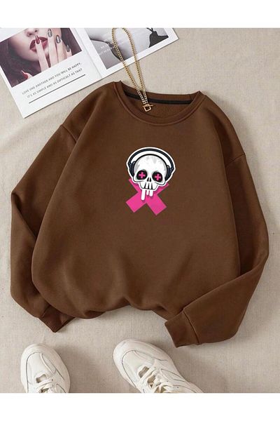 RPT MODA СУИТШЪР С ОБЪРЗАНА КОМФОРТНА КРОЙКА, РОЗОВ ЧЕРЕП И ПРИНТ X