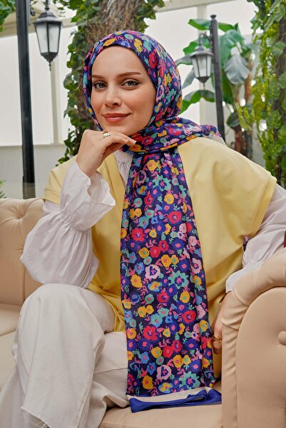 AFVENTE Σάλι με λουλουδάτο μοτίβο από μαλακό βαμβακερό μπλε Navy