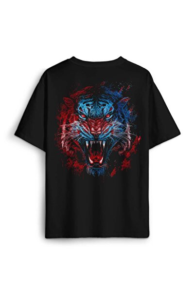 ZOKAWEAR تي شيرت النمر الأحمر والأزرق النمر مطبوع كبير الحجم تي شيرت أسود للج...