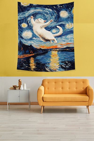 Pelangi Van Gogh White Cat in the Air Stain-Proof Fabric - Wall Cloth and Carpet