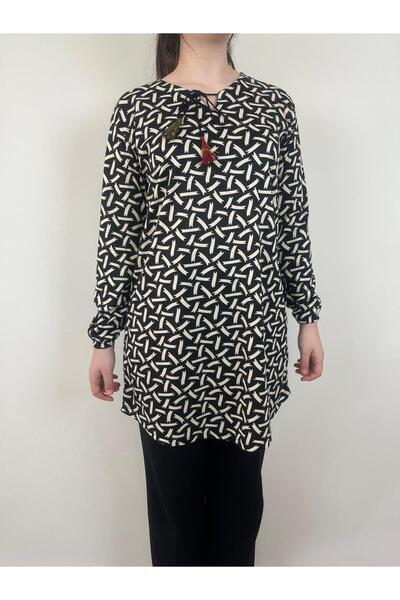 YAŞAR TRİKO Жіноча чорна туніка з шнурівкою на комірі, довгими рукавами, еластичними манжетами та м'якою тканиною