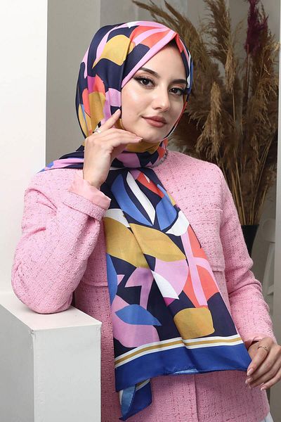 AFVENTE Navy Blue Soft Cotton Shawl - Leaf Pattern