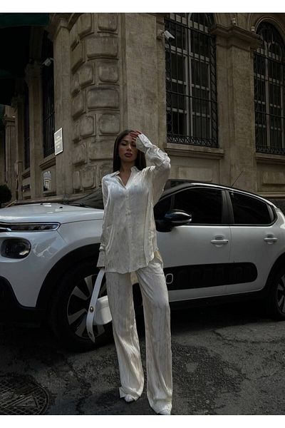 owwon Women's White Jacquard Trousers Shirt Double Satin Set