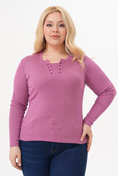 Siyezen Plus Size Double Button Detailed Cotton Lycra Basic Blouse