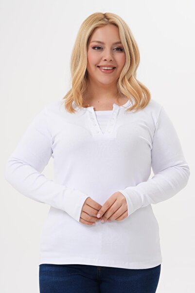 Siyezen Plus Size Double Button Detailed Cotton Lycra Basic Blouse