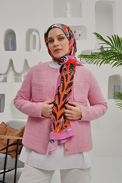 AFVENTE Ροζ μαλακό βαμβακερό σάλι με τροπικά φύλλα