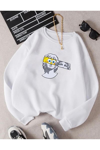 RPT MODA Oversized Casual Cut Sculpture Girl Print Detail Cycling Collar Basic Sweatshirt Top
