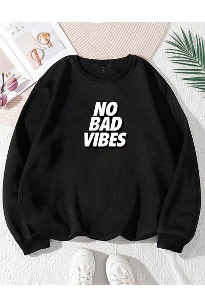 RPT MODA Oversized Casual Cut No Bad Print Detail Cycling Collar Basic Sweatshirt Top