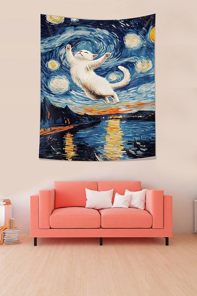Pelangi Van Gogh White Cat in the Air Stain-Proof Fabric - Wall Cloth and Carpet