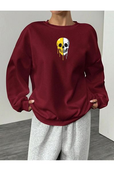 RPT MODA Oversized Relaxed Cut Double Color Skull Print Detail Cycling Collar Basic Sweatshirt Top