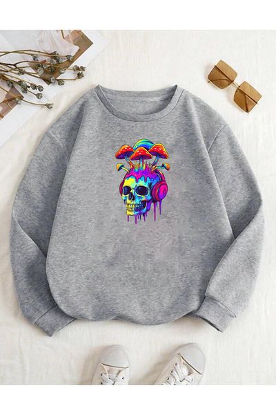 RPT MODA Oversized Relaxed Cut Colorful Skull Print Detail Cycling Collar Basic Sweatshirt Top