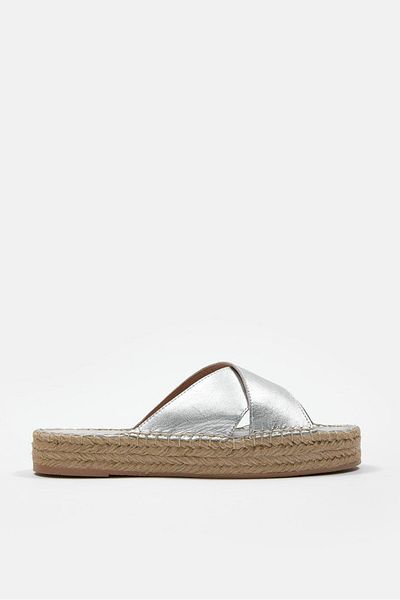 NILUFARR Shell Silver Genuine Leather Women's Espadrille Slippers