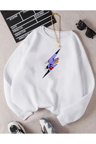 RPT MODA Oversized Casual Cut Lightning Print Detail Cycling Collar Basic Sweatshirt Top