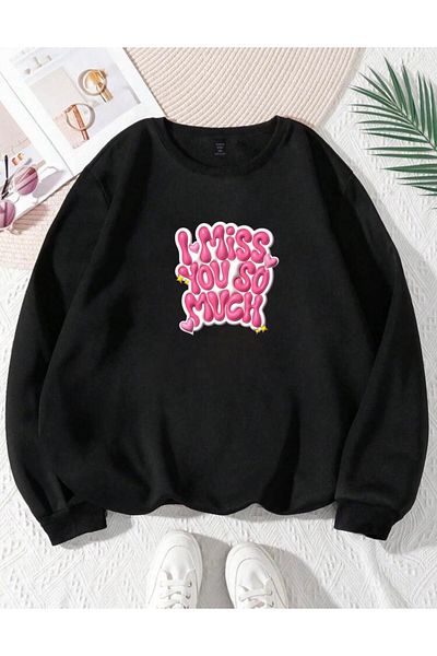 RPT MODA Oversized Casual Cut Pink Miss You Printed Detail Cycling Collar Basic Sweatshirt Top