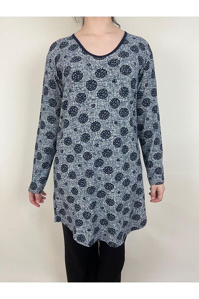YAŞAR TRİKO Women's Navy Blue White V Neck Long Sleeve Suede Soft Fabric Tunic