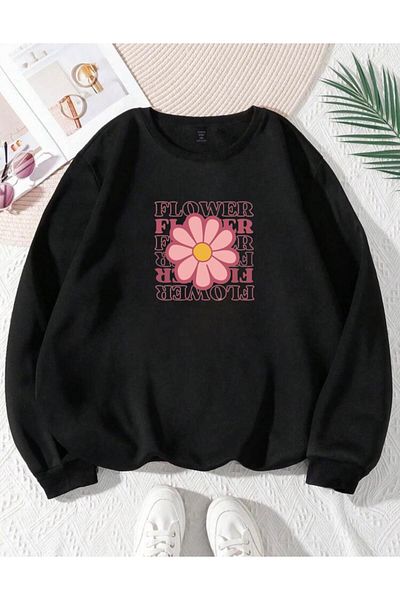 RPT MODA Oversized Casual Cut Flowers Printed Detail Cycling Collar Basic Sweatshirt Top