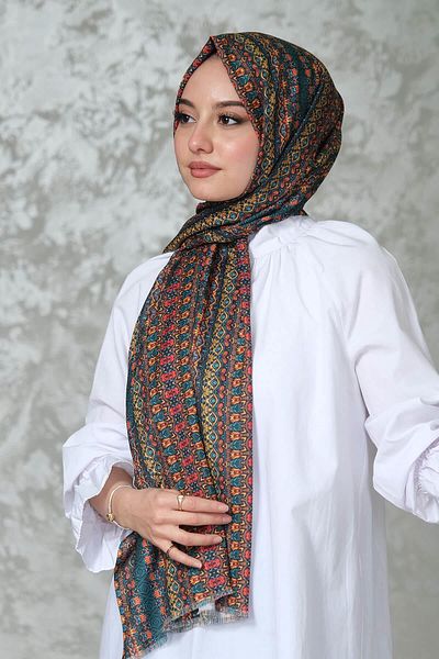 AFVENTE Dark Green Ethnic Pattern Cotton Shawl