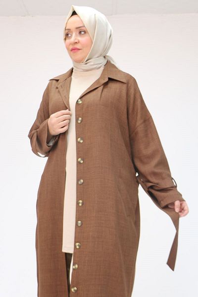Eslina 43091 Large Size Buttoned Tie Melange Linen Trench Coat Brown