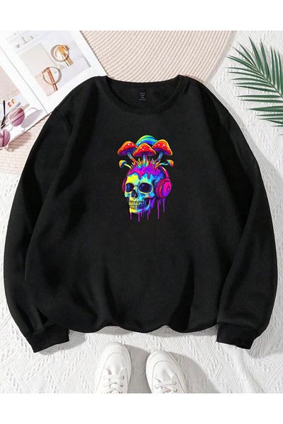 RPT MODA Oversized Relaxed Cut Colorful Skull Print Detail Cycling Collar Basic Sweatshirt Top