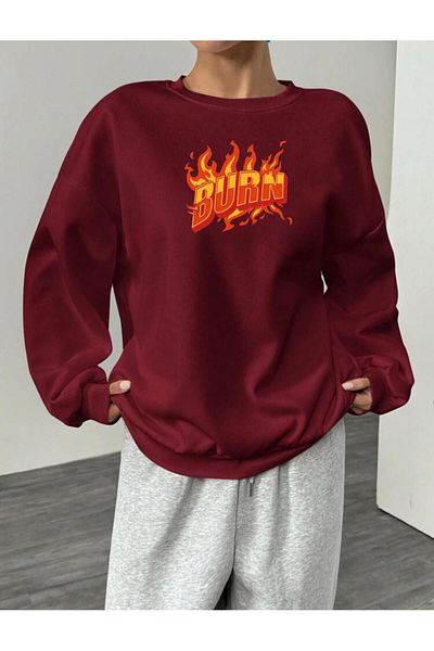 RPT MODA Oversized Casual Cut Burn Print Detail Cycling Collar Basic Sweatshirt Top