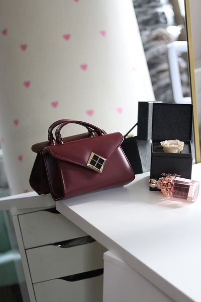 Moom Bag Women's Burgundy Matte Texture Square Handbag with Gold Accessory Detail