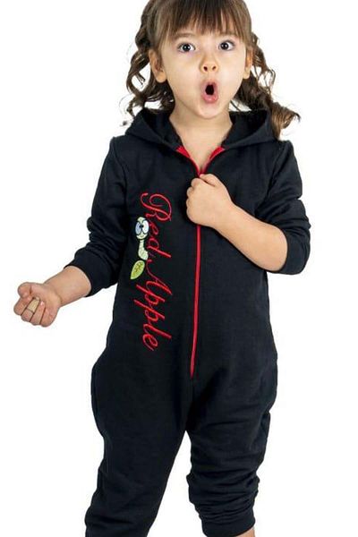 Riccotarz Baby Girl Black Jumpsuit with Apple Lettering and Printed Front Zipper and Hood