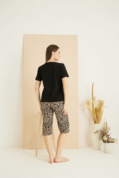 Siyah İnci Set capri tricotat din bumbac cu decolteu rotund cu imprimeu leopard negru 25102152