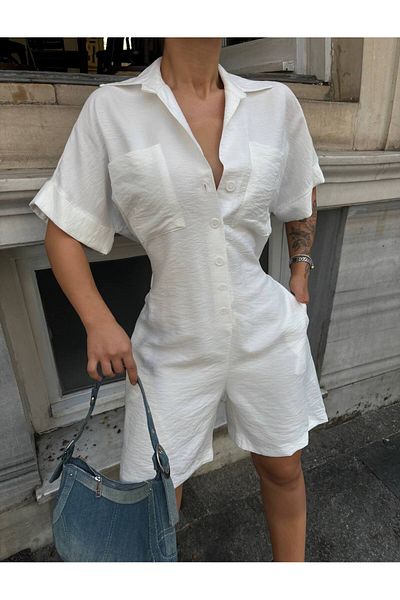 LB Laluna Butik Salopetă de damă, cu mânecă scurtă, cu buzunare cu închidere cu nasturi