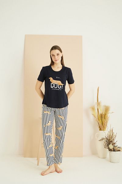 Siyah İnci Navy Blue Patterned Cotton Crew Neck Knitted Pajama Set 25103232