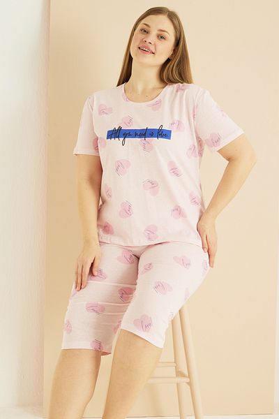 Siyah İnci Ροζ μοτίβο Curve Plus Size Oversize Βαμβακερό Κάπρι Σετ 25102749