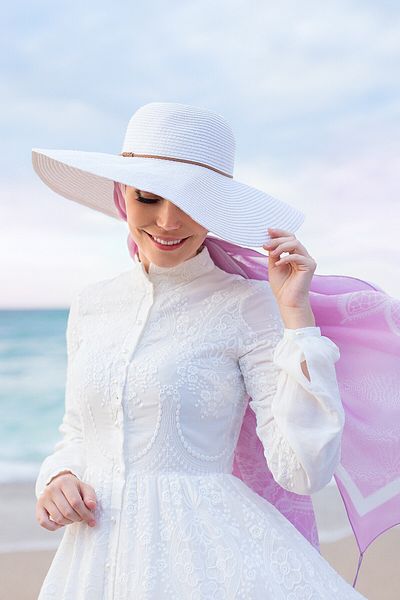 Muslima Wear White Dream Flower Patterned Pearl Button Detail Women's Dress