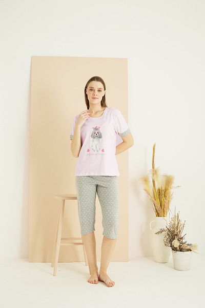 Siyah İnci ροζ στάμπα Cotton Crew Neck Πλεκτό Κάπρι Σετ 25102194