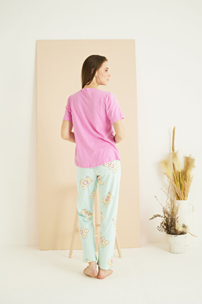 Siyah İnci pembe desenli Pamuklu Bisiklet Yaka Örme Pijama Takım25107156