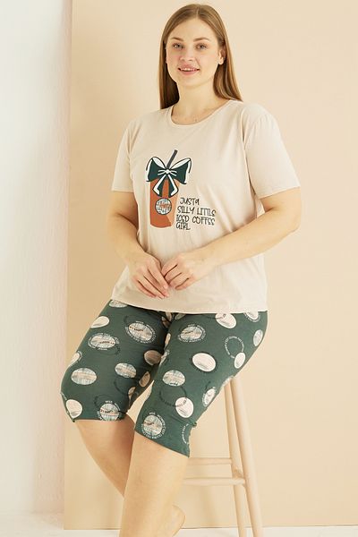 Siyah İnci Σετ βαμβακερό κάπρι με σχέδιο Curve Plus Size Oversize 25102730