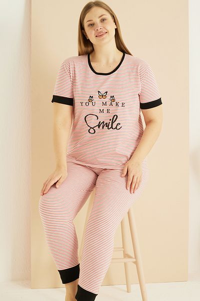Siyah İnci ροζ και λευκή γραμμή μοτίβο Curve Plus Size Oversize Βαμβακερό Σετ Πιτζάμες 25103718