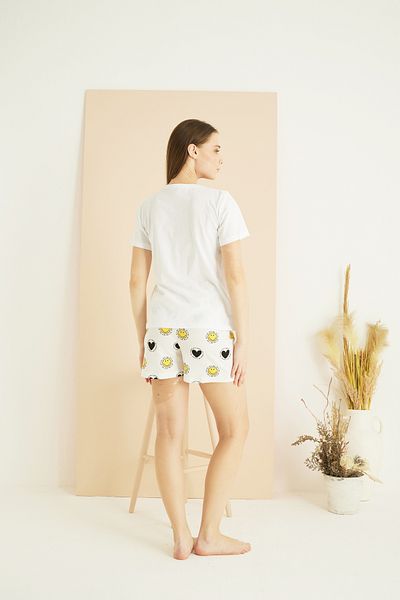 Siyah İnci White Patterned Cotton Crew Neck Knitted Shorts Set 25101104