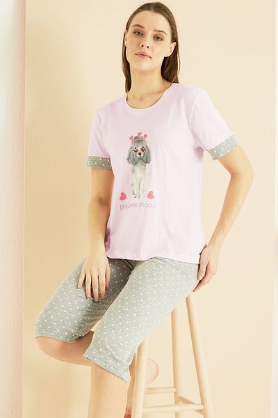 Siyah İnci ροζ στάμπα Cotton Crew Neck Πλεκτό Κάπρι Σετ 25102194