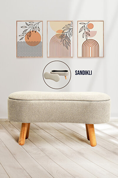 Zem Scala Sandıklı Bohem Ahşap Ayaklı Puf/Bench, Sütlü Kahve